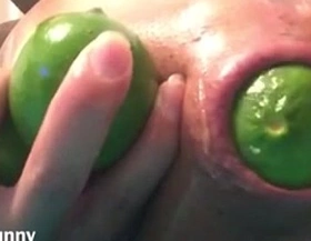 Bunny loves stuffing her ass with fruit until its gaped